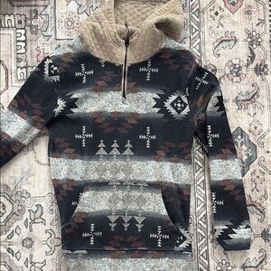 Black and Gray Zip Up Sweater with Geometric Pattern